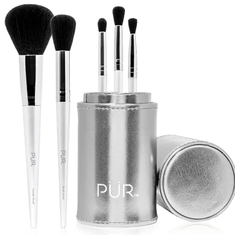 PÜR 5-Piece Vegan Brush Set For Face & Eyes With Holder New In Packaging